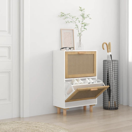 Scarpiera Bianca 52X25X80Cm Legno Multistrato E Rattan Naturale Bianco