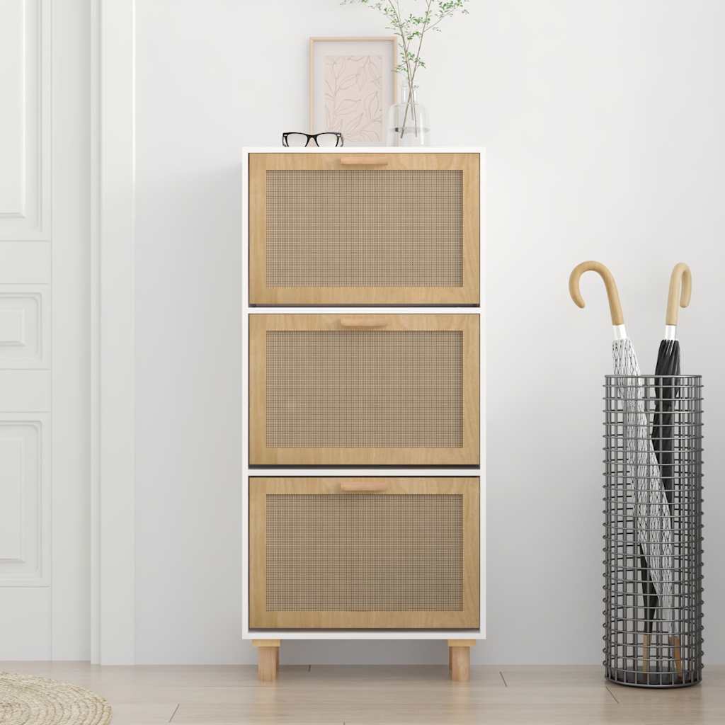 Scarpiera Bianca52X25X115Cm Legno Multistrato E Rattan Naturale Bianco