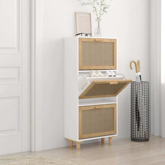 Scarpiera Bianca52X25X115Cm Legno Multistrato E Rattan Naturale Bianco