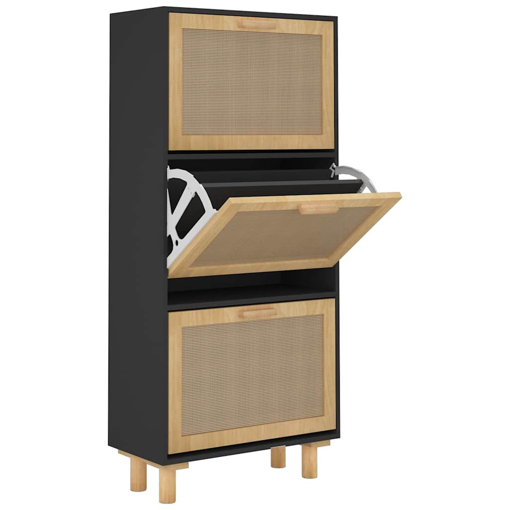 Scarpiera 52X25X115Cm Legno Multistrato E Rattan Naturale Nero