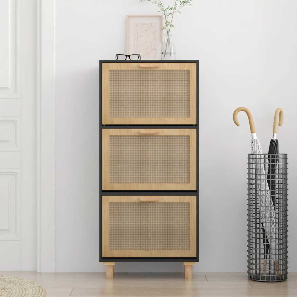 Scarpiera 52X25X115Cm Legno Multistrato E Rattan Naturale Nero