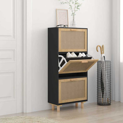 Scarpiera 52X25X115Cm Legno Multistrato E Rattan Naturale Nero