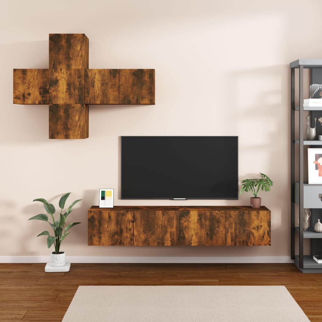 Set Mobile Tv 7 Pz Montato A Parete Rovere In Legno Multistrato
