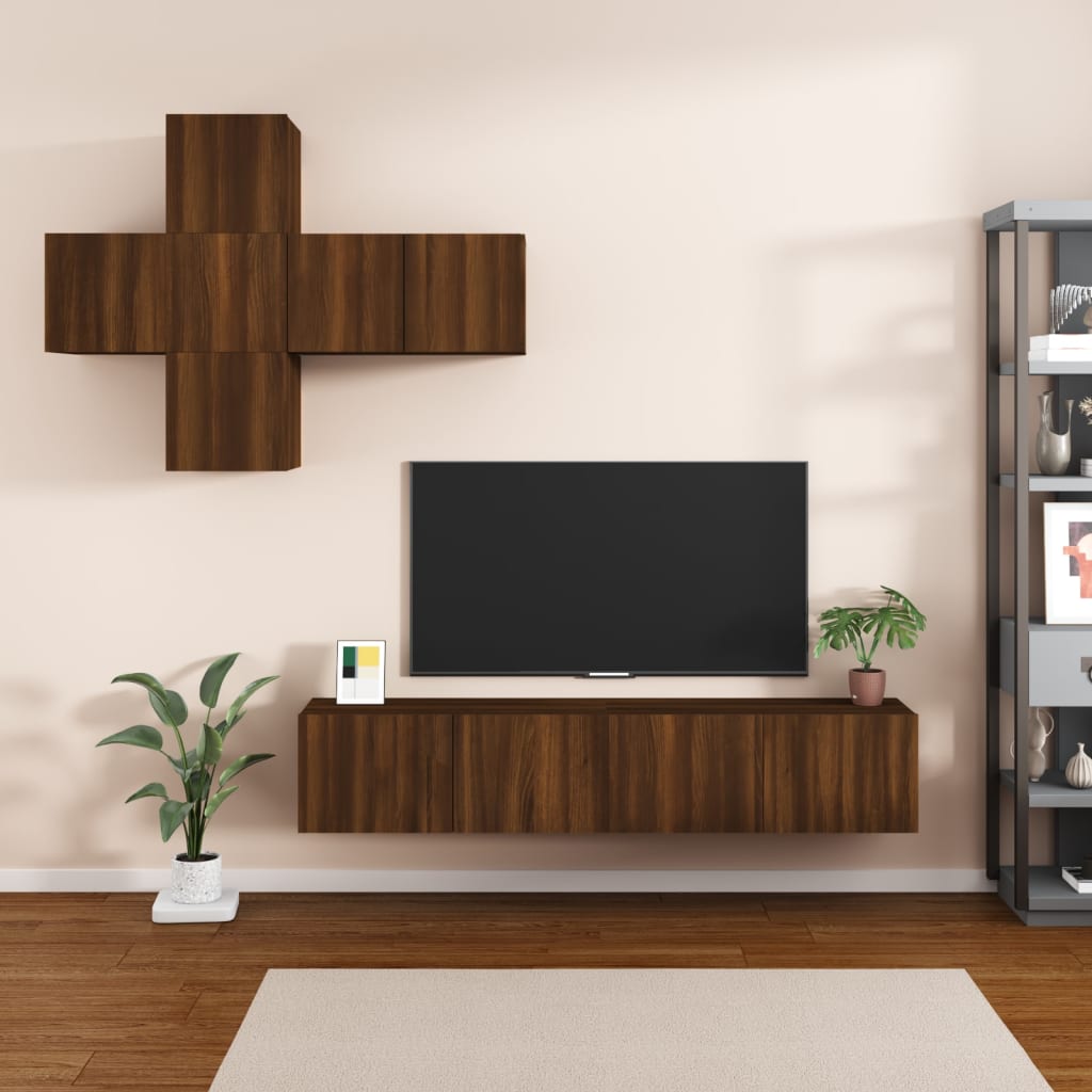Set Mobile Tv 7 Pz Montato A Parete Rovere In Legno Multistrato