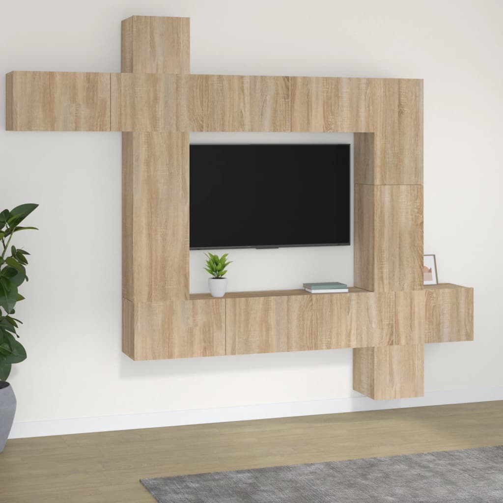 Set Mobile Tv 9 Pz Montato A Parete Rovere In Legno Multistrato