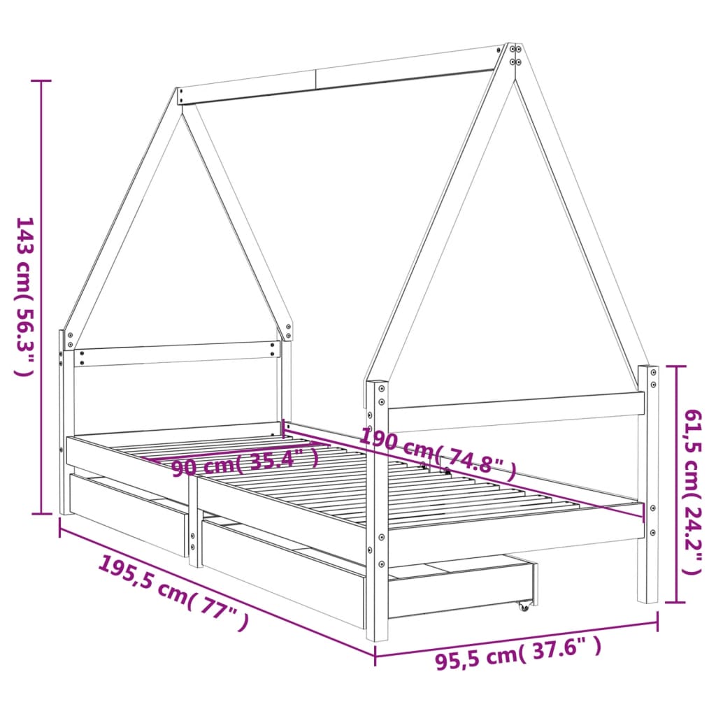 Giroletto Per Bambini Con Cassetti 90X190Cm Legno Massello Pino
