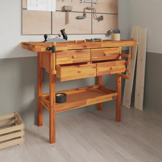 Banco Lavoro Cassetti E Morse 124X52X83Cm Legno Massello Acacia