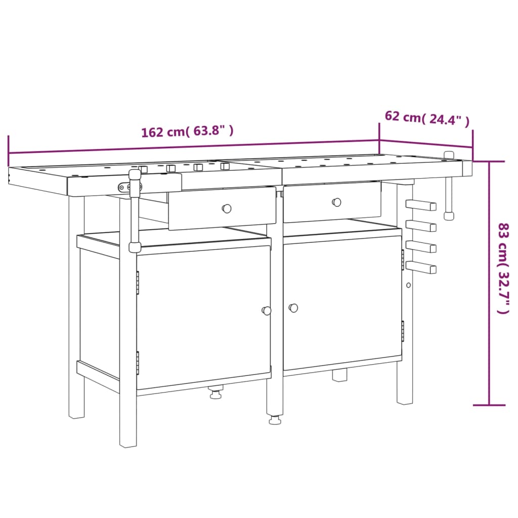 Banco Lavoro Cassetti E Morse 162X62X83Cm Legno Massello Acacia