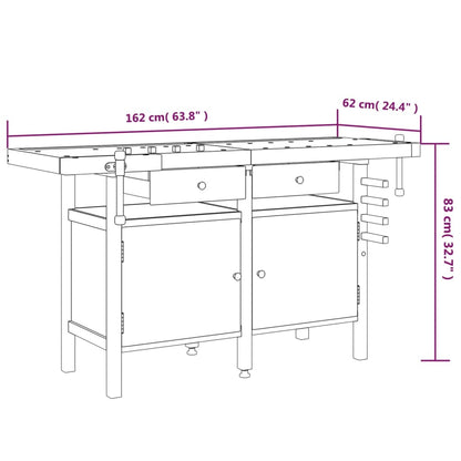 Banco Lavoro Cassetti E Morse 162X62X83Cm Legno Massello Acacia