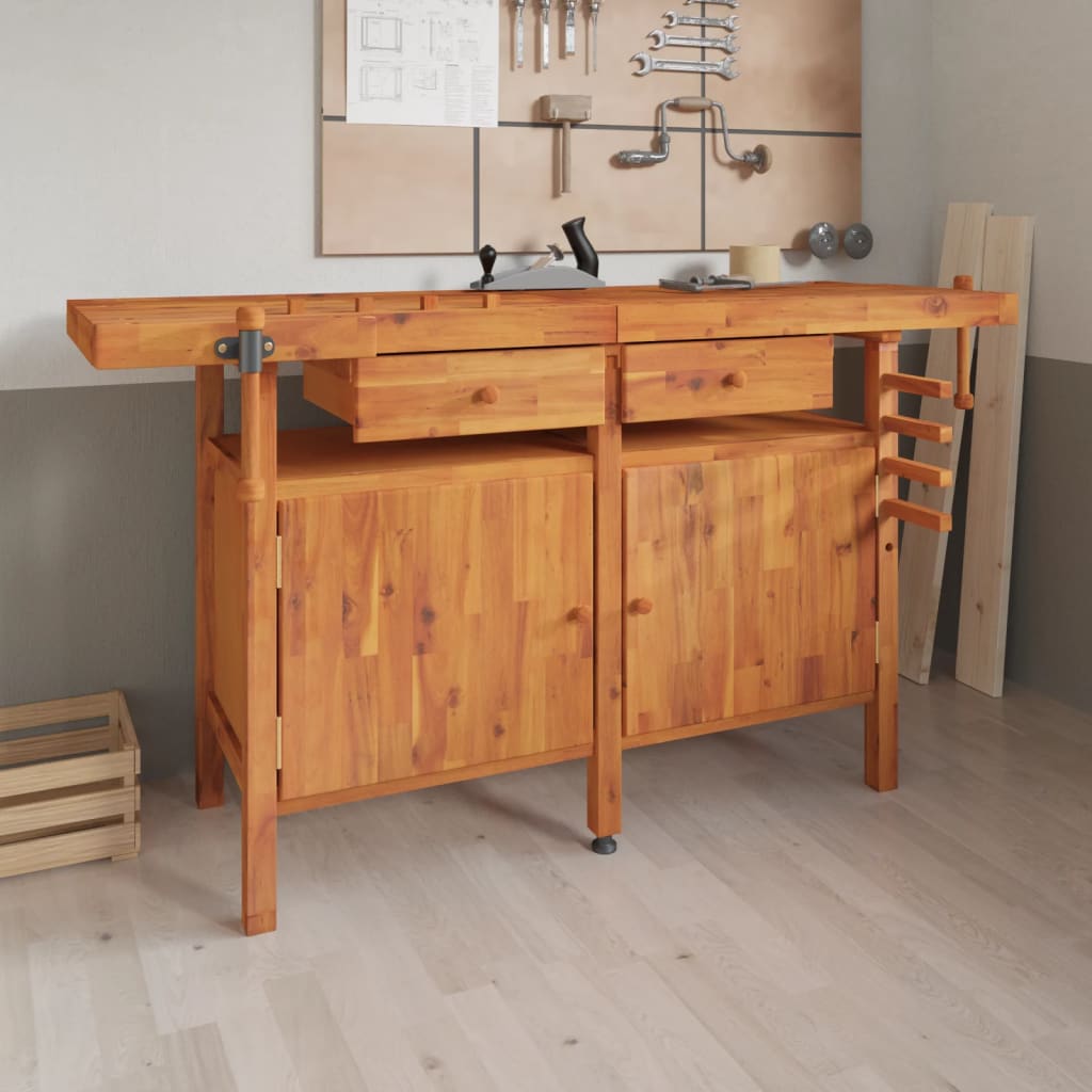 Banco Lavoro Cassetti E Morse 162X62X83Cm Legno Massello Acacia