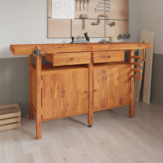 Banco Lavoro Cassetti E Morse 162X62X83Cm Legno Massello Acacia