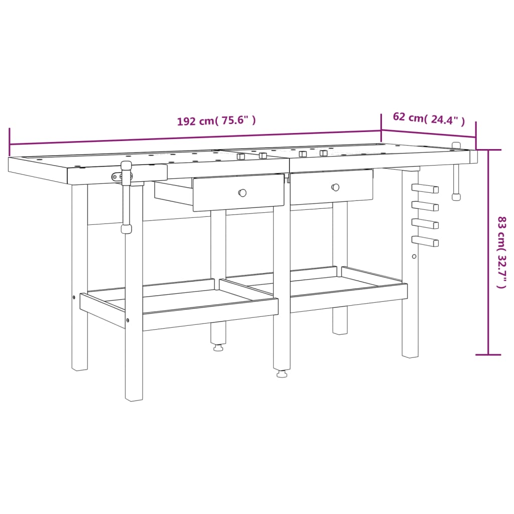 Banco Lavoro Cassetti E Morse 192X62X83Cm Legno Massello Acacia