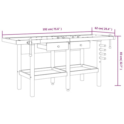 Banco Lavoro Cassetti E Morse 192X62X83Cm Legno Massello Acacia
