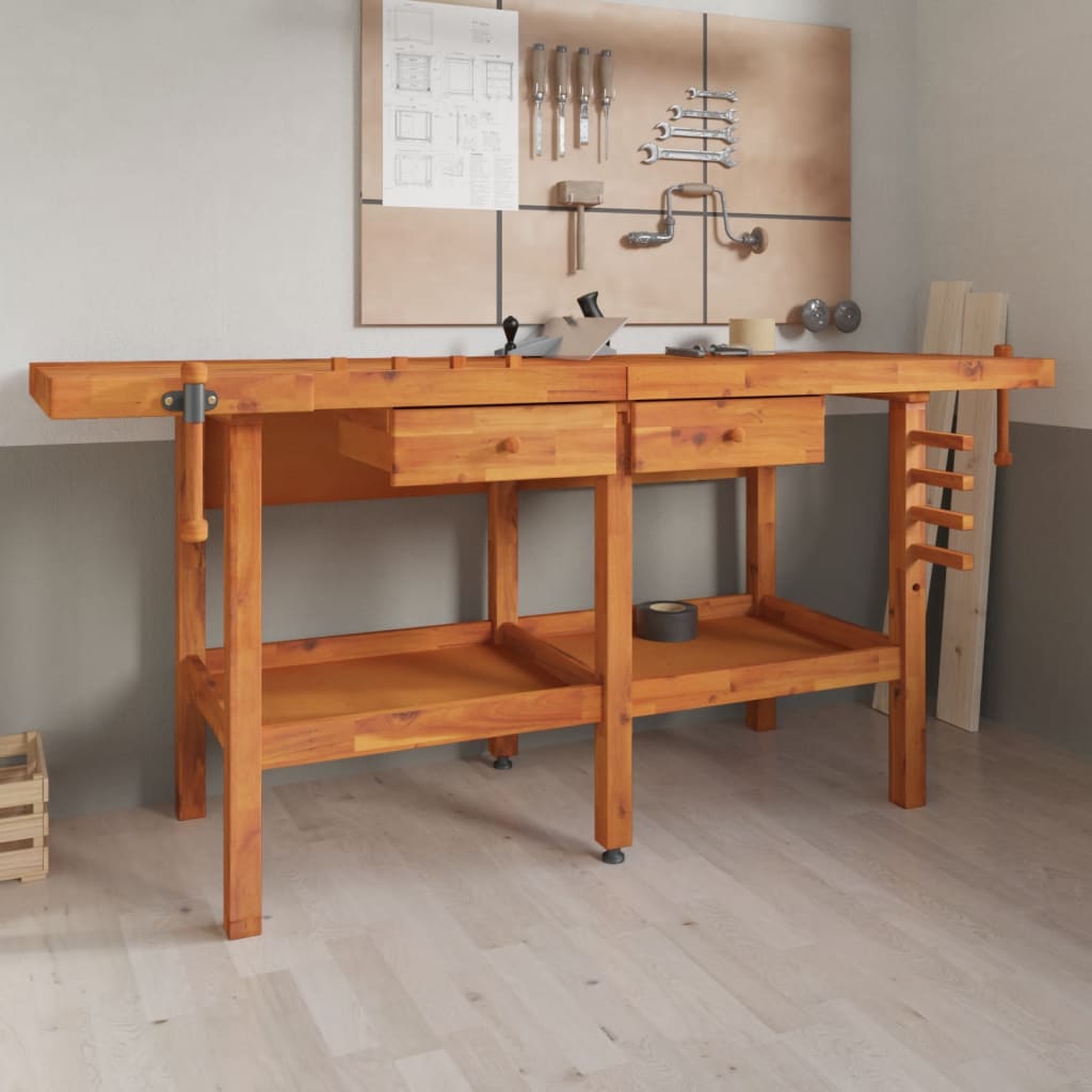 Banco Lavoro Cassetti E Morse 192X62X83Cm Legno Massello Acacia
