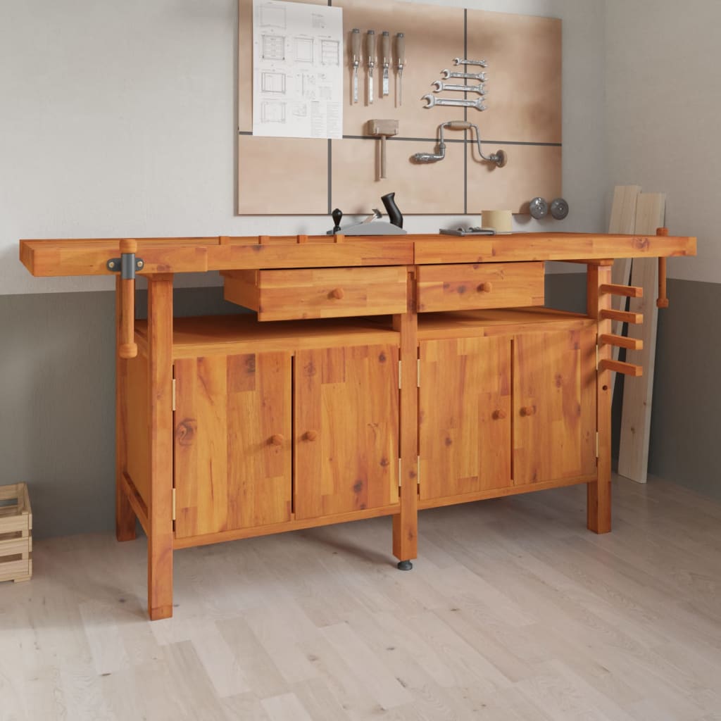 Banco Lavoro Cassetti E Morse 192X62X83Cm Legno Massello Acacia
