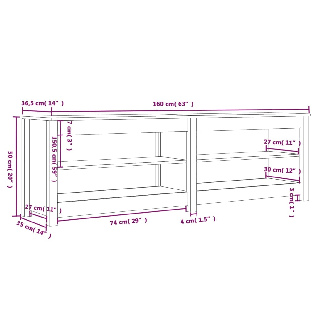 Scarpiera Nera 160X36,5X50 Cm In Legno Massello Di Pino