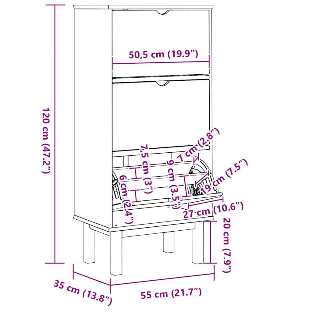 Scarpiera Otta Con 3 Cassetti In Legno Di Pino Marrone E Grigio