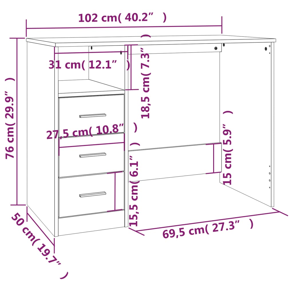 Scrivania Con Cassetti Nera 102X50X76 Cm In Legno Multistrato