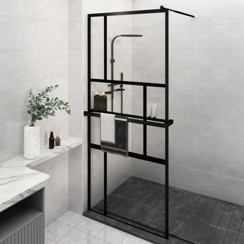 Parete Doccia Walk In Mensola Nera 90X195Cm Vetro Esg Alluminio