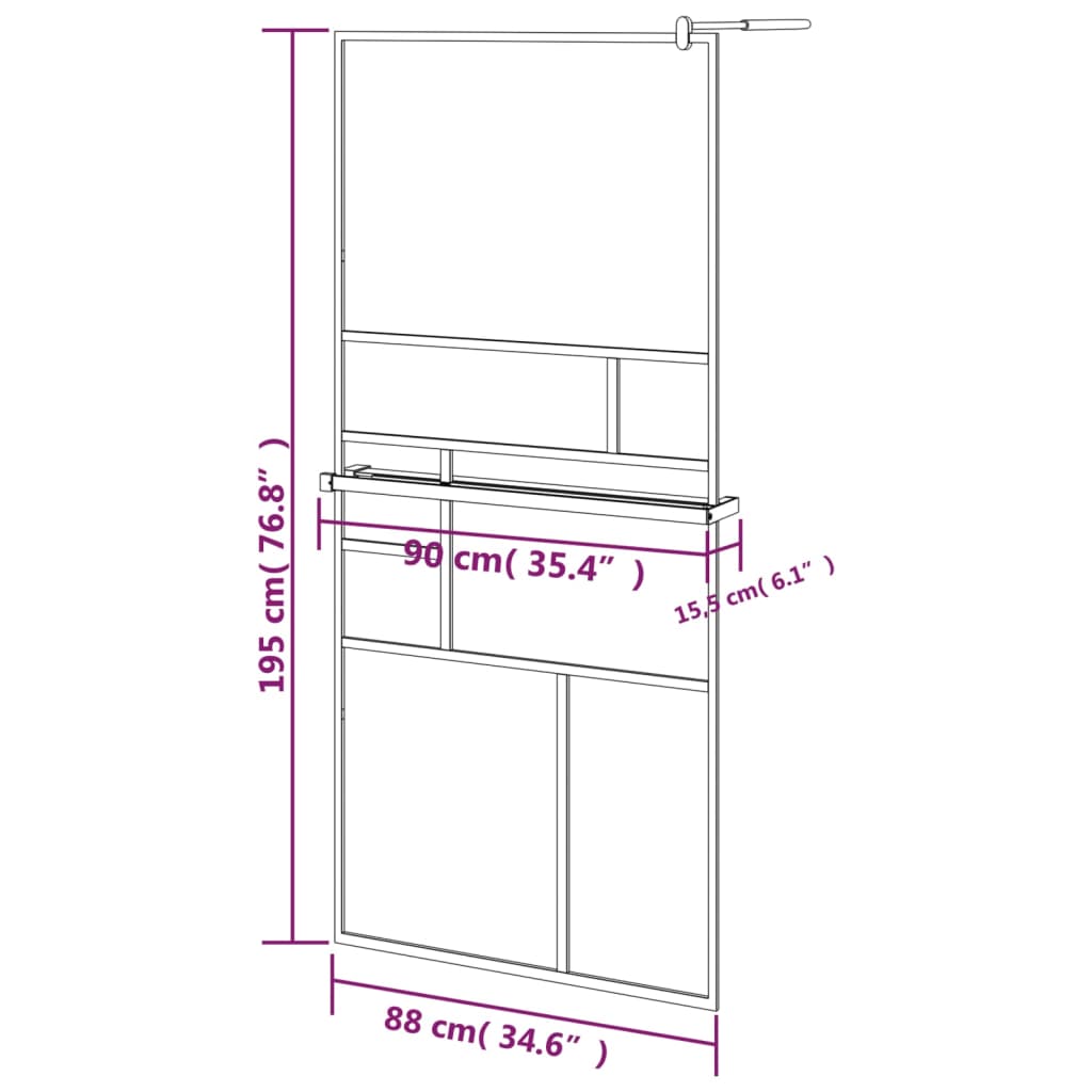 Parete Doccia Walk In Mensola Nera 90X195Cm Vetro Esg Alluminio