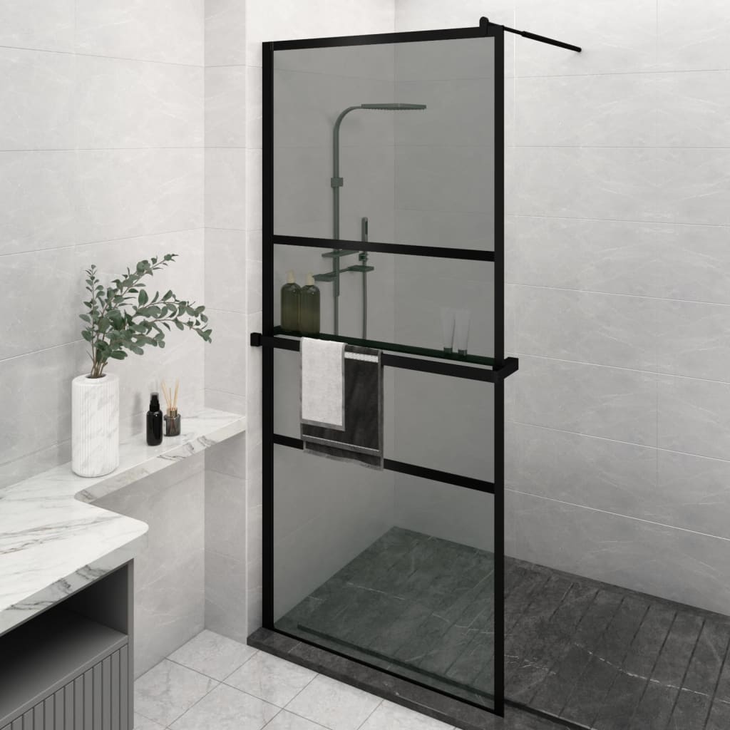 Parete Doccia Walk In Mensola Nera 90X195Cm Vetro Esg Alluminio