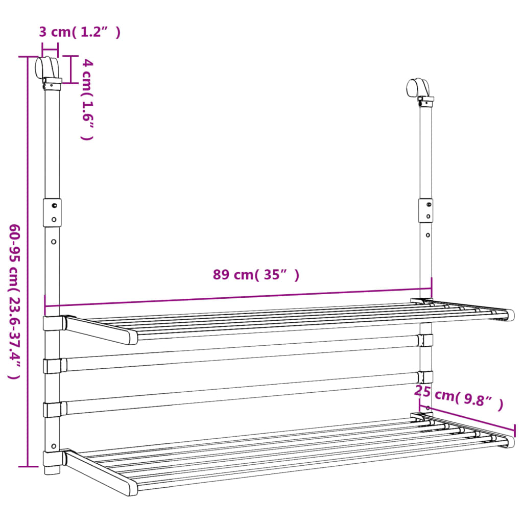 Stendino Per Balcone 89X25X(60-95) Cm In Alluminio