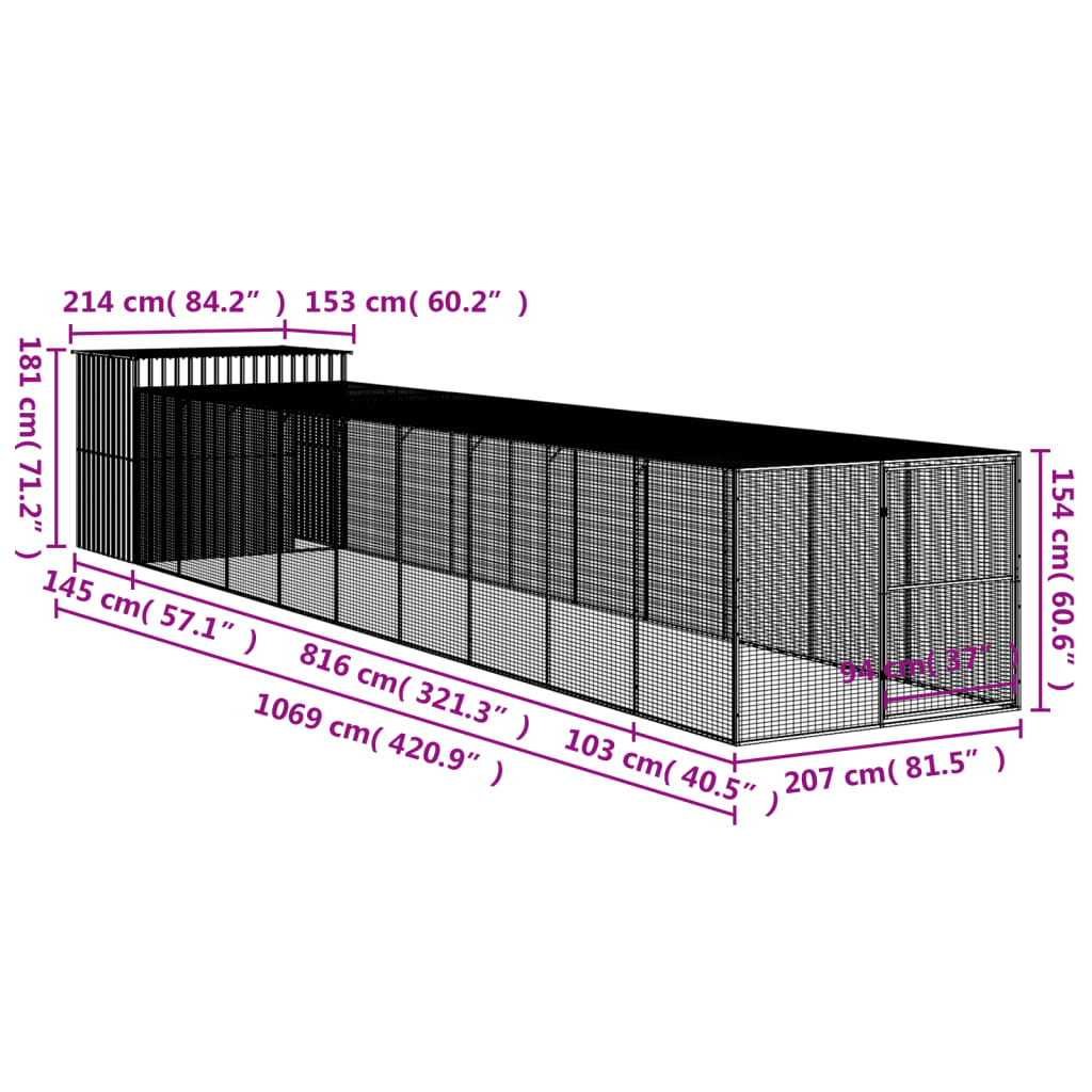 Casetta Cani Con Corsa 214X1069X181Cm Acciaio Zincato