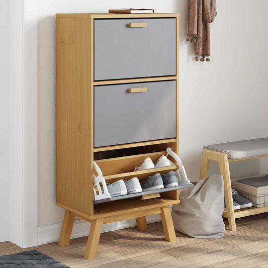 Scarpiera Olden Grigia Marrone 55X35X Legno Massello Pino Grigio E Marrone