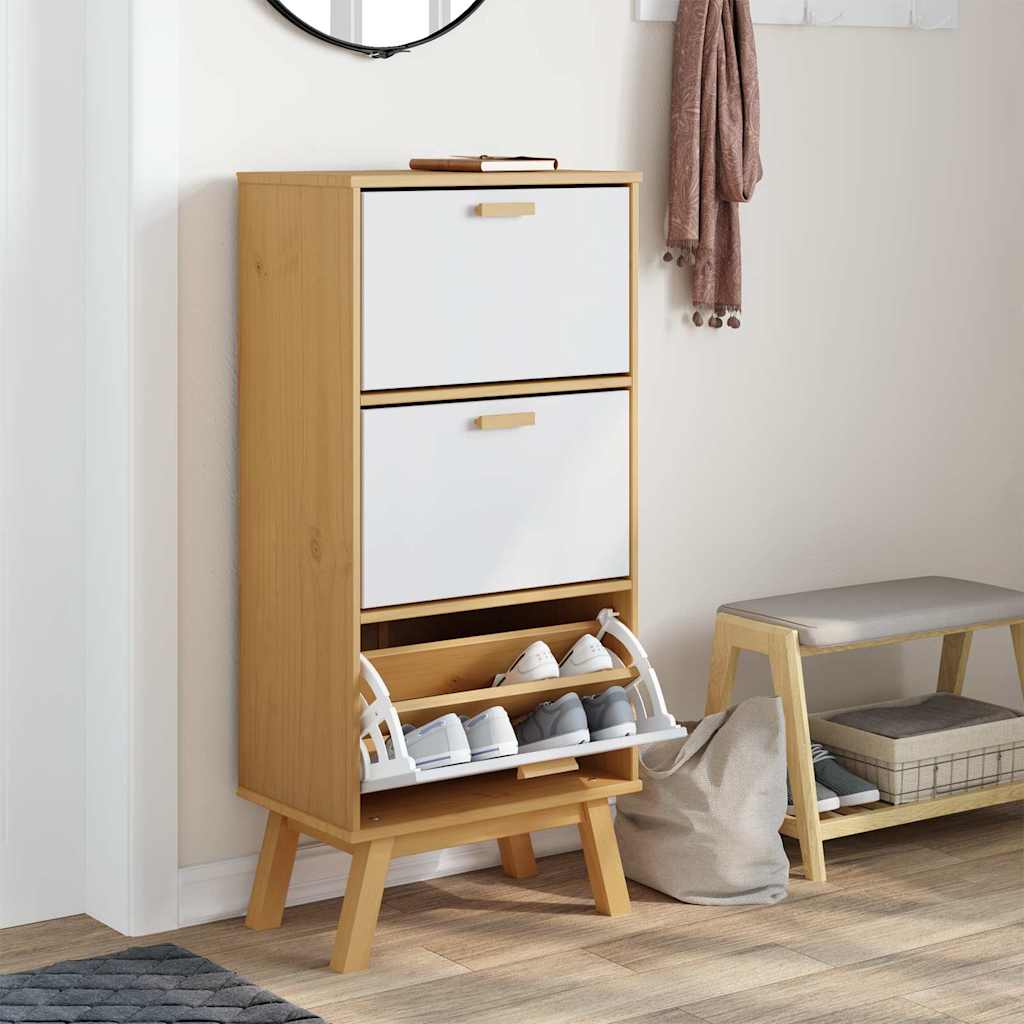 Scarpiera Olden Bianca Marrone 55X35X Legno Massello Pino Bianco E Marrone
