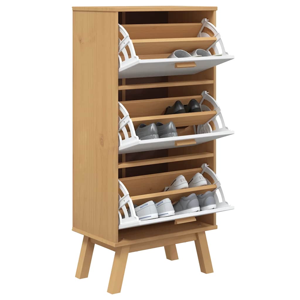 Scarpiera Olden Bianca Marrone 55X35X Legno Massello Pino Bianco E Marrone