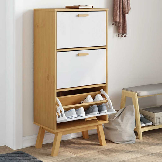 Scarpiera Olden Bianca Marrone 55X35X Legno Massello Pino Bianco E Marrone