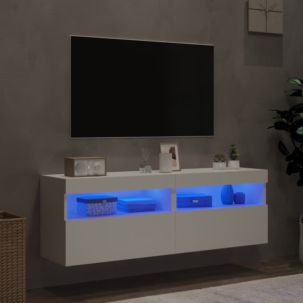 Mobili Tv A Parete Con Luci Led 2Pz Bianchi 60X30X40 Cm