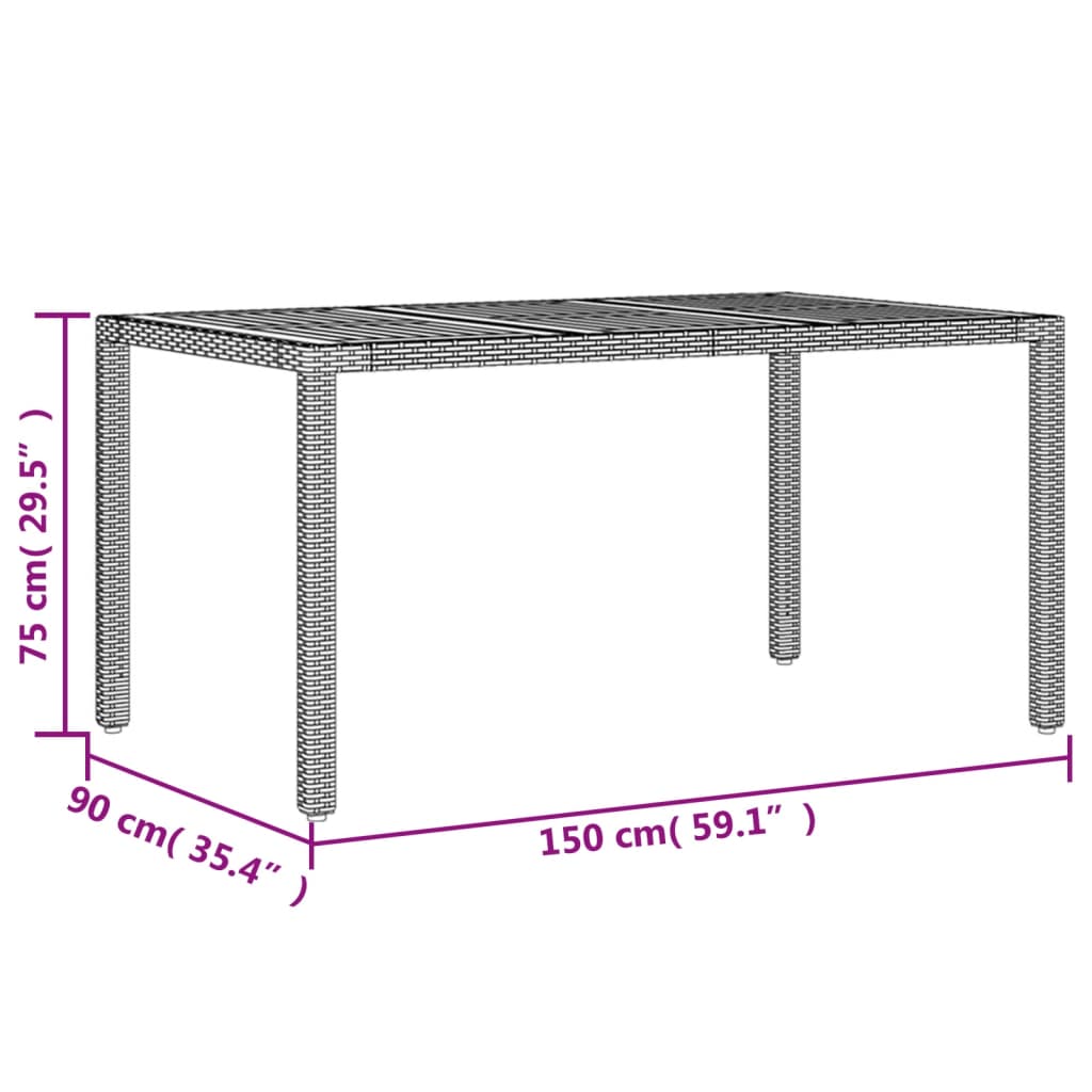 Tavolo Giardino Piano Legno Acacia 150X90X75 Polyrattan