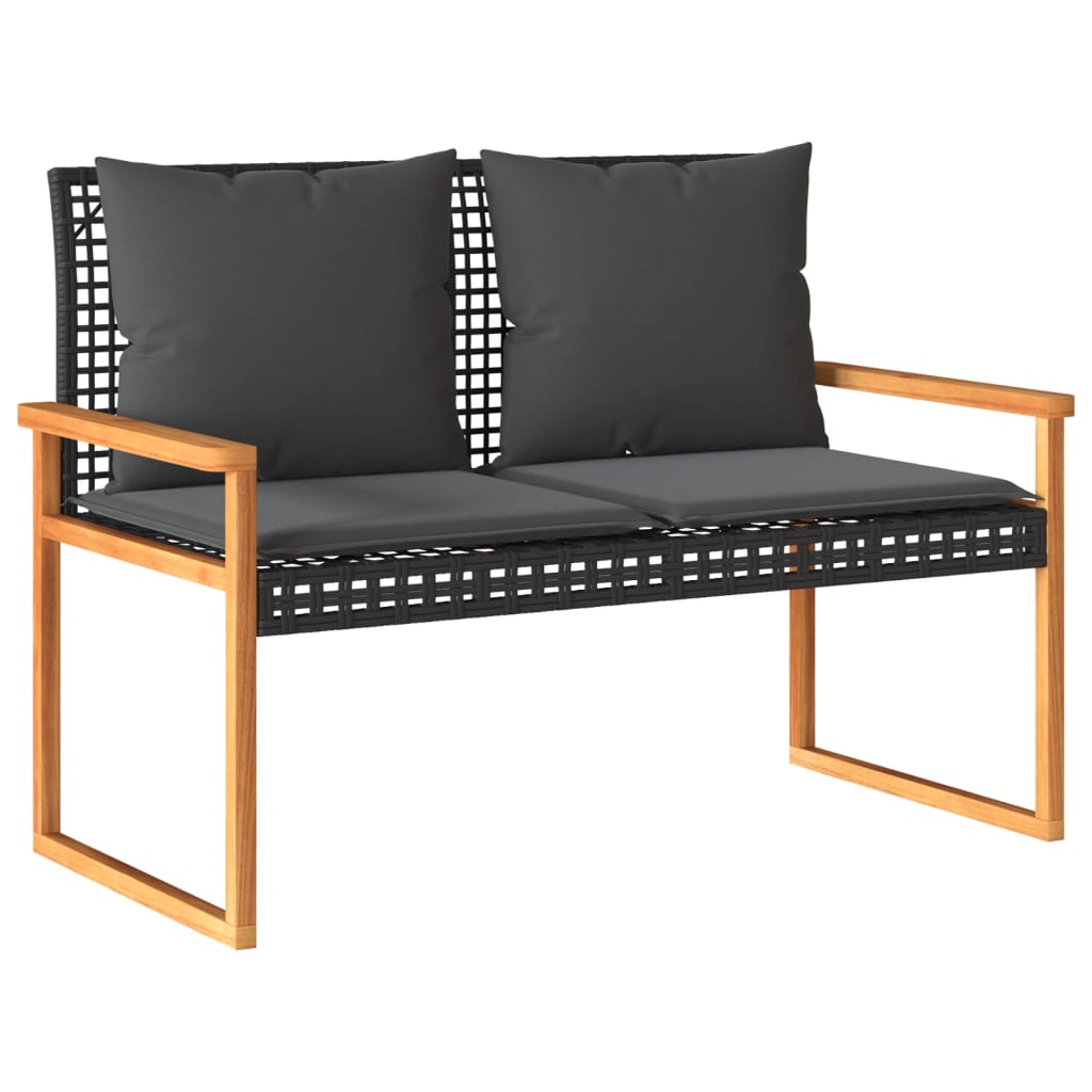 Panca Da Giardino Con Cuscino Nera In Polyrattan E Legno Acacia