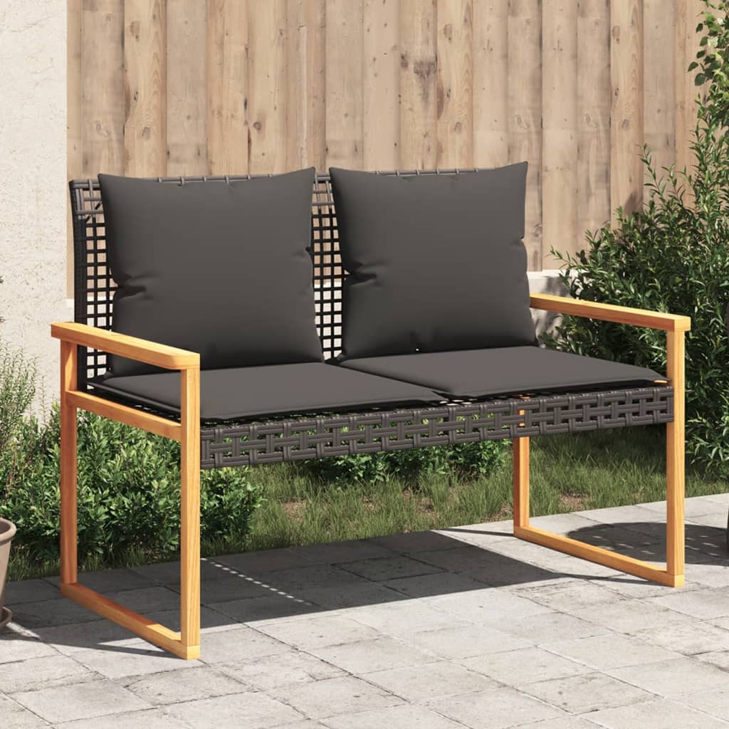 Panca Da Giardino Con Cuscino Nera In Polyrattan E Legno Acacia