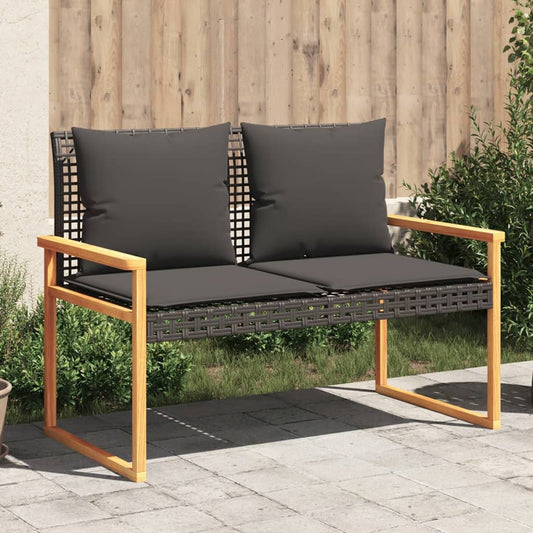 Panca Da Giardino Con Cuscino Nera In Polyrattan E Legno Acacia