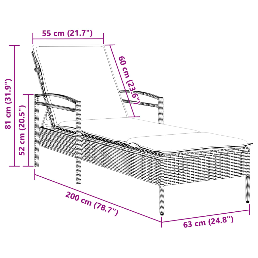 Lettino Prendisole Con Cuscino 63X200X81 Cm Polyrattan