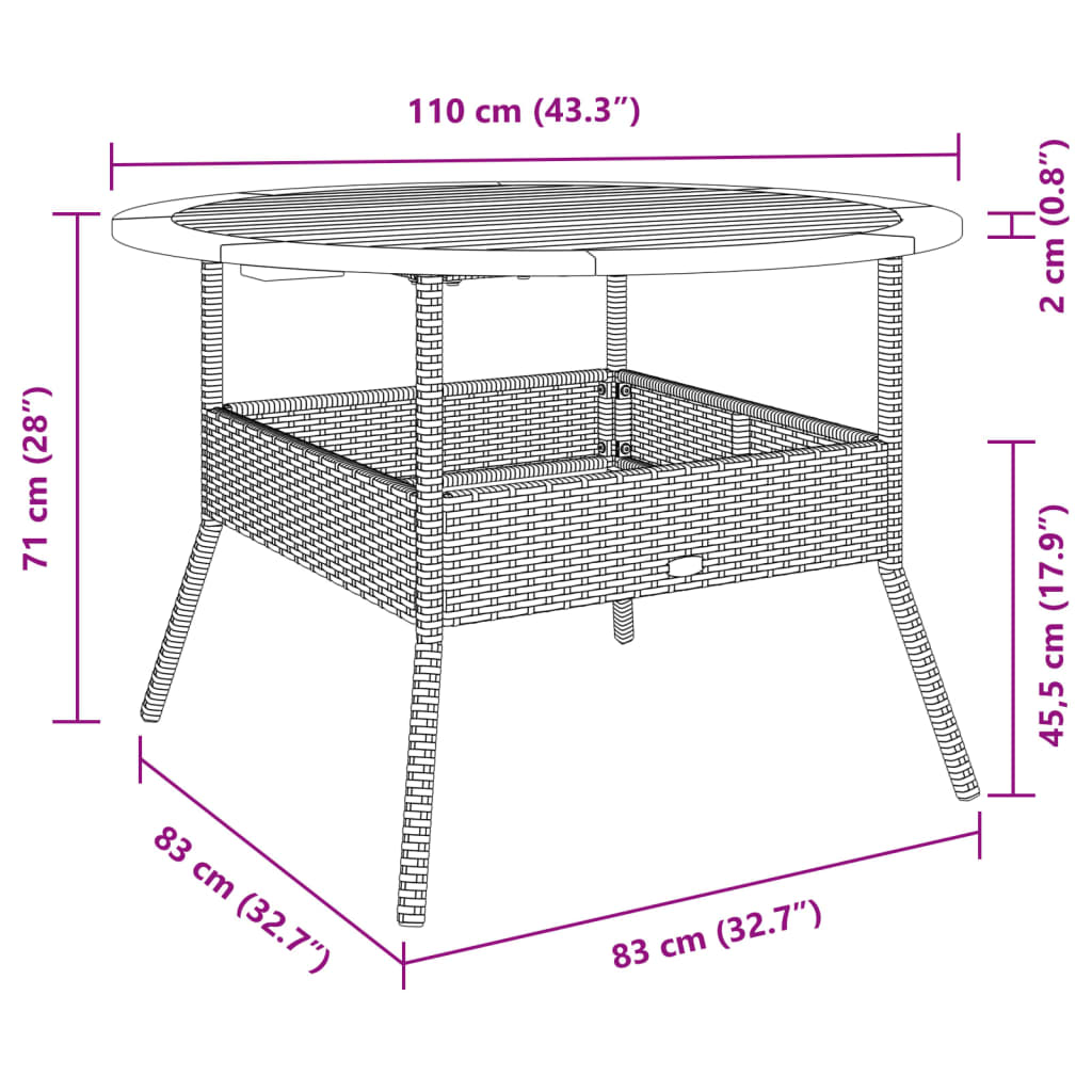 Tavolo Giardino Piano Legno Acacia Ø110X71 Cm Polyrattan