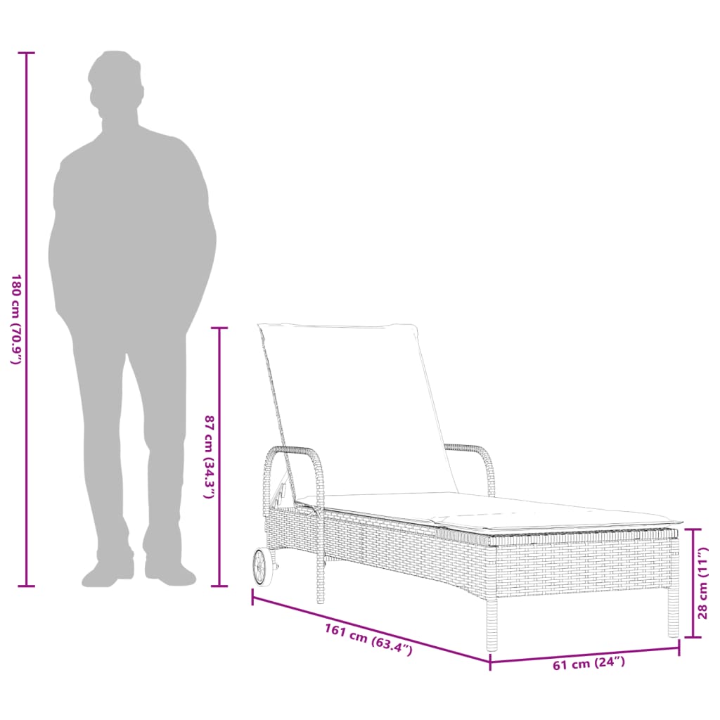Lettino Prendisole Con Ruote E Cuscino In Polyrattan