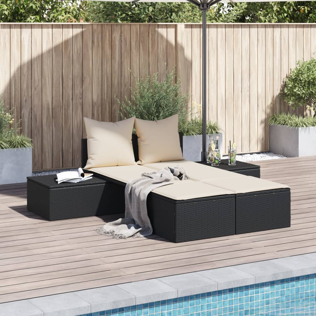 Lettino Prendisole Con Cuscini Beige In Polyrattan