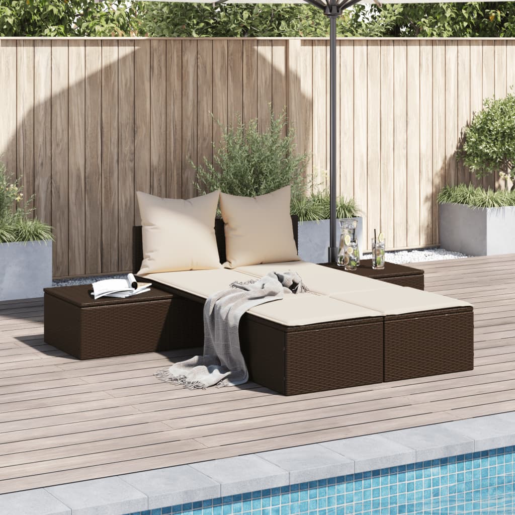 Lettino Prendisole Con Cuscini Beige In Polyrattan
