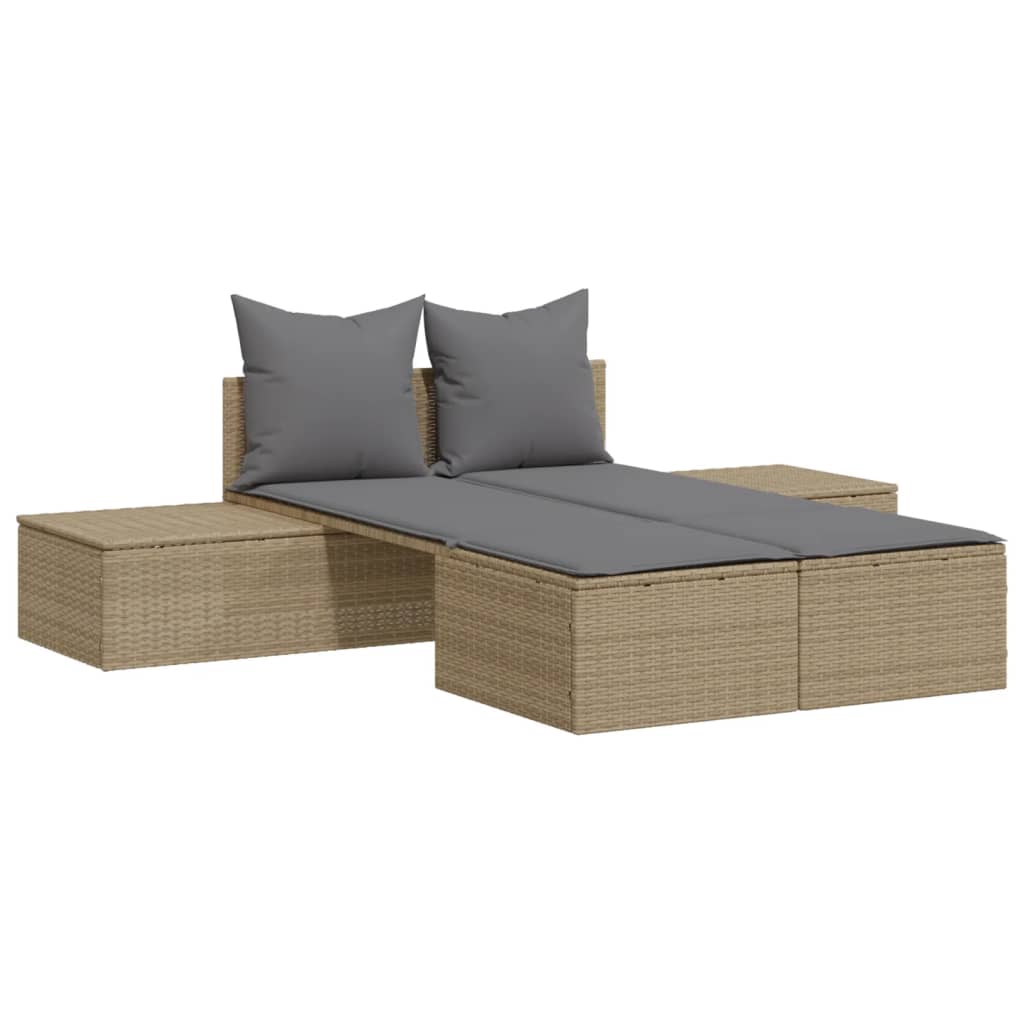 Lettino Prendisole Con Cuscini Beige In Polyrattan