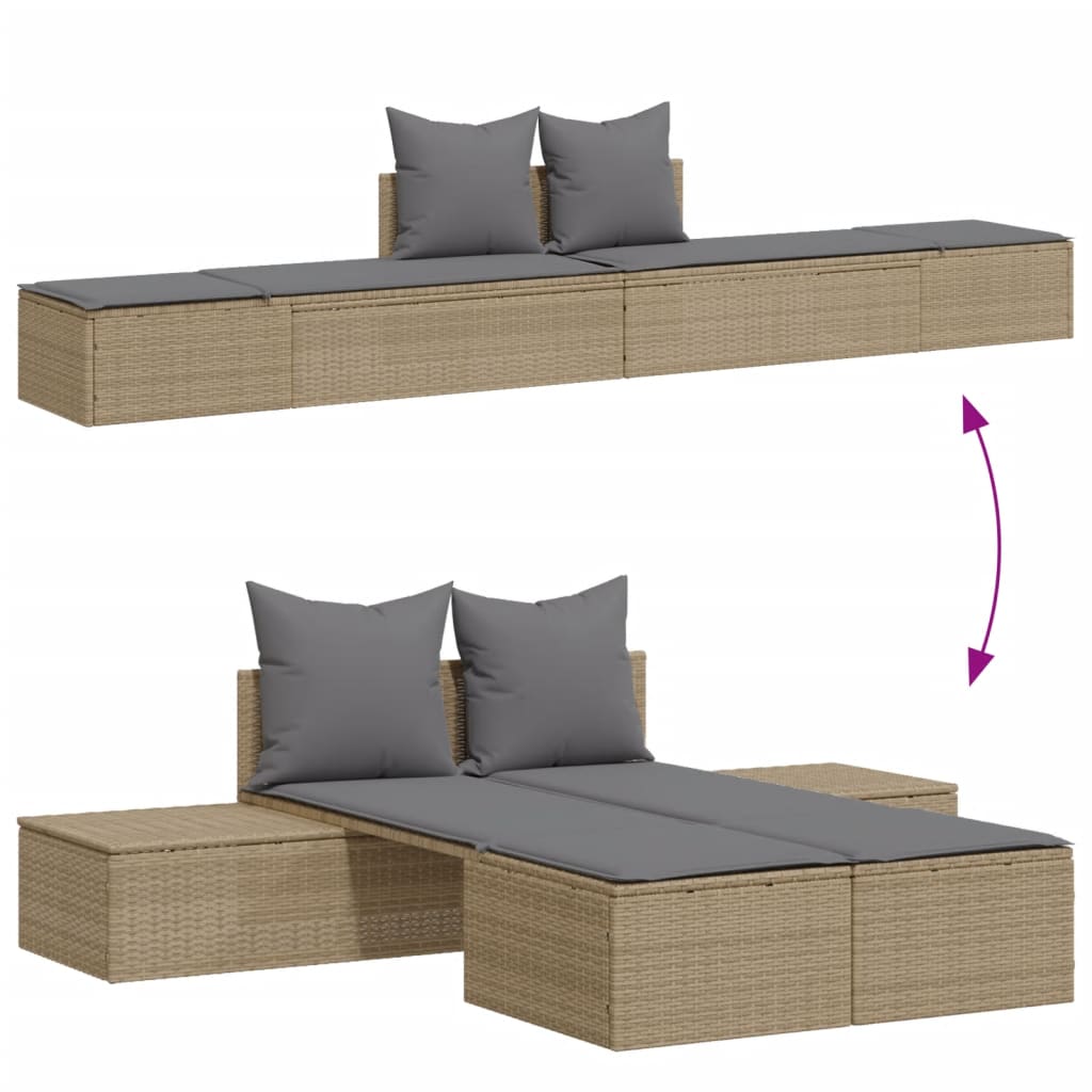 Lettino Prendisole Con Cuscini Beige In Polyrattan