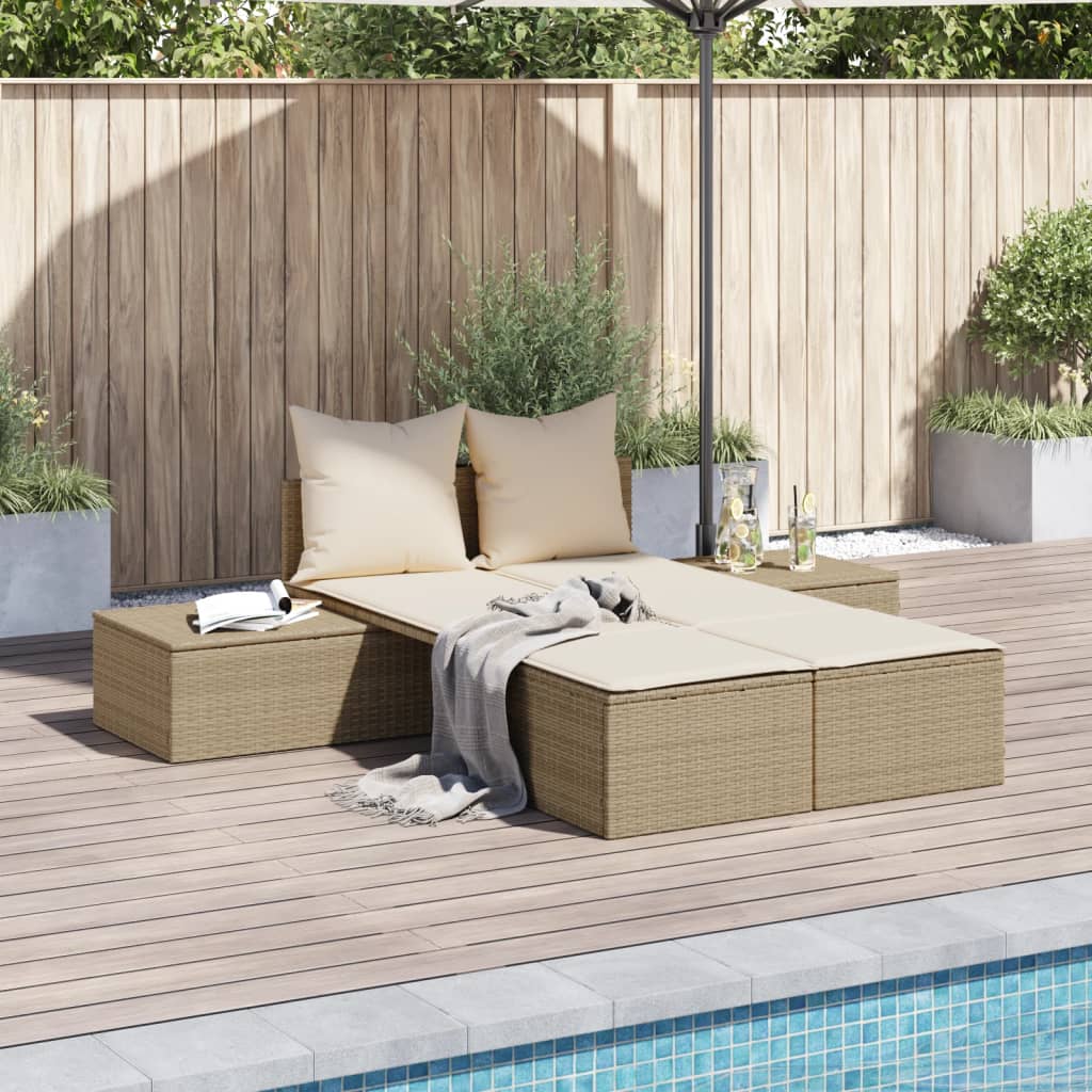 Lettino Prendisole Con Cuscini Beige In Polyrattan