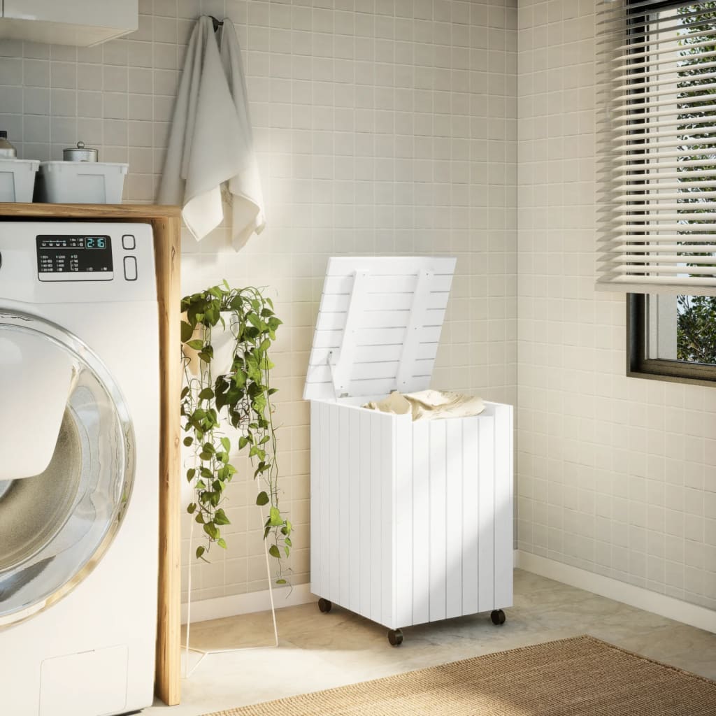 Cesta Biancheria Con Ruote Rana Bianca 45X45X64Cm Massello Pino
