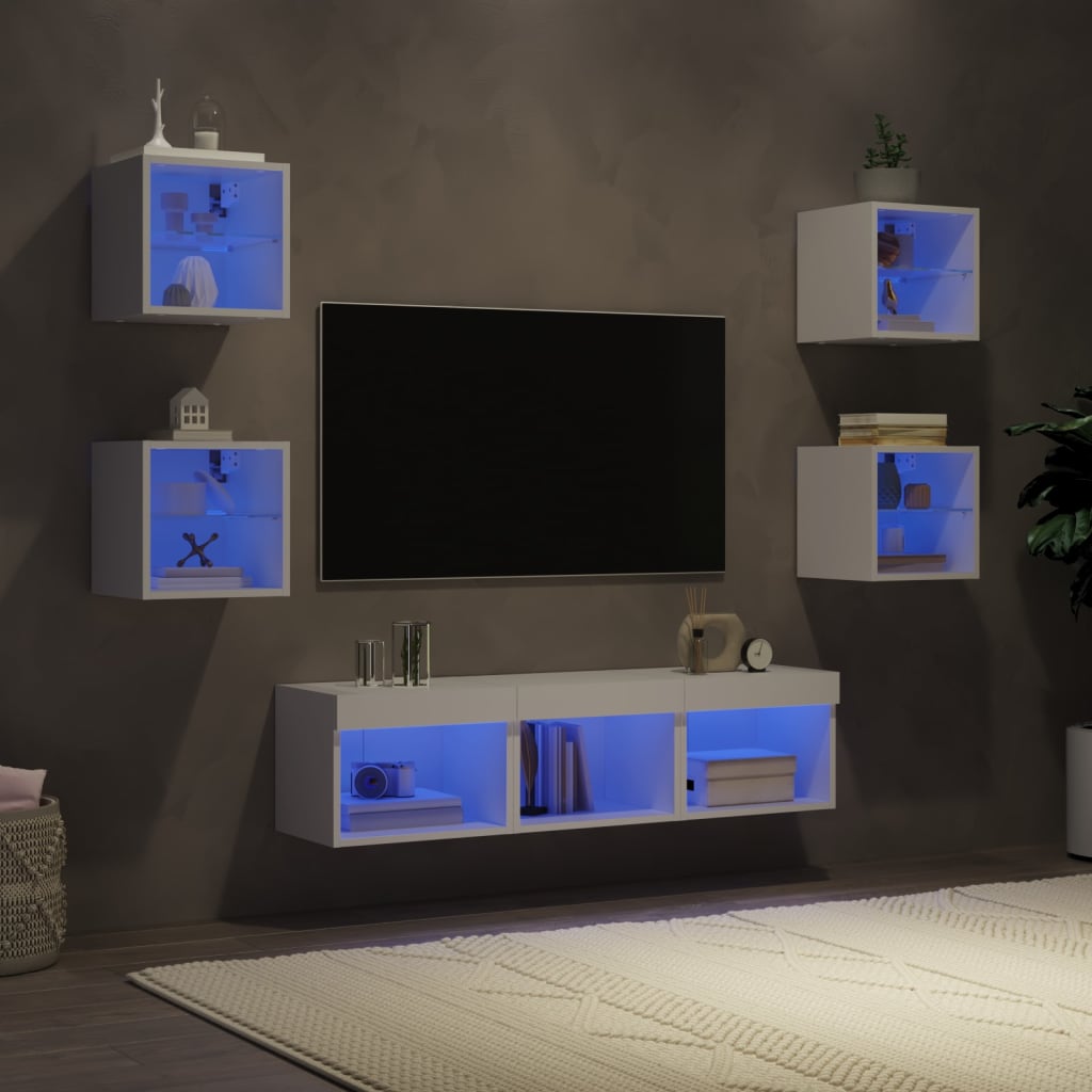 Mobili Tv A Muro Con Led 7Pz In Legno Multistrato