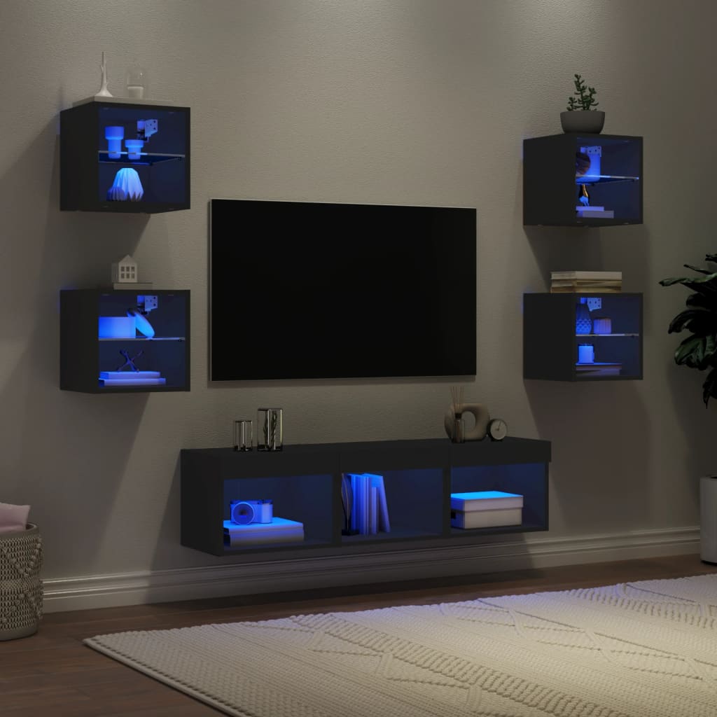 Mobili Tv A Muro Con Led 7Pz In Legno Multistrato