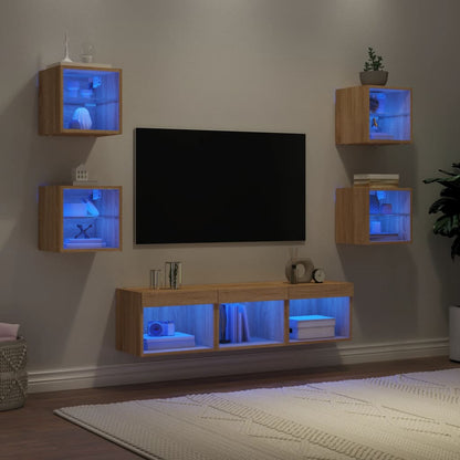 Mobili Tv A Muro Con Led 7Pz In Legno Multistrato