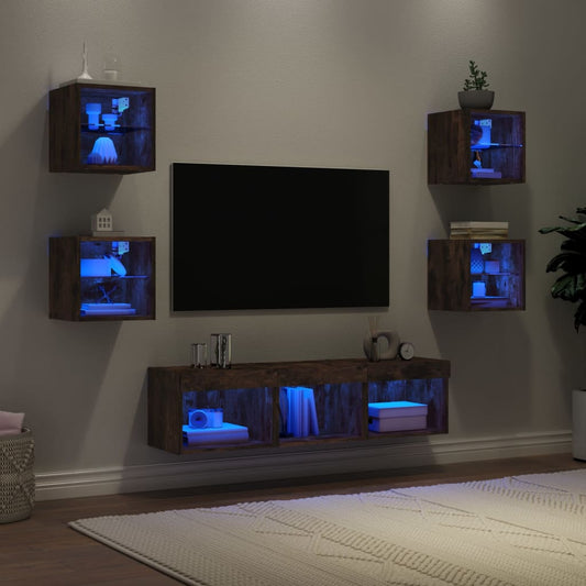 Mobili Tv A Muro Con Led 7Pz In Legno Multistrato