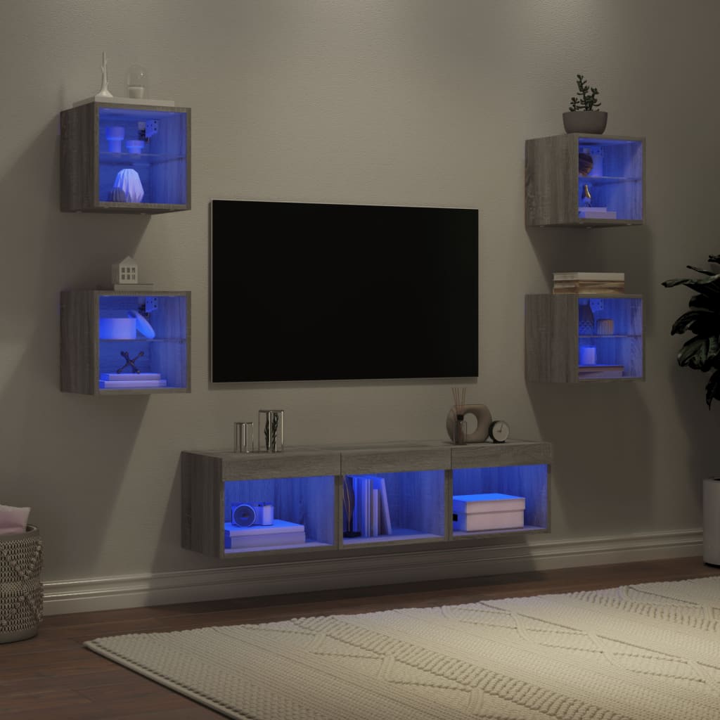 Mobili Tv A Muro Con Led 7Pz In Legno Multistrato